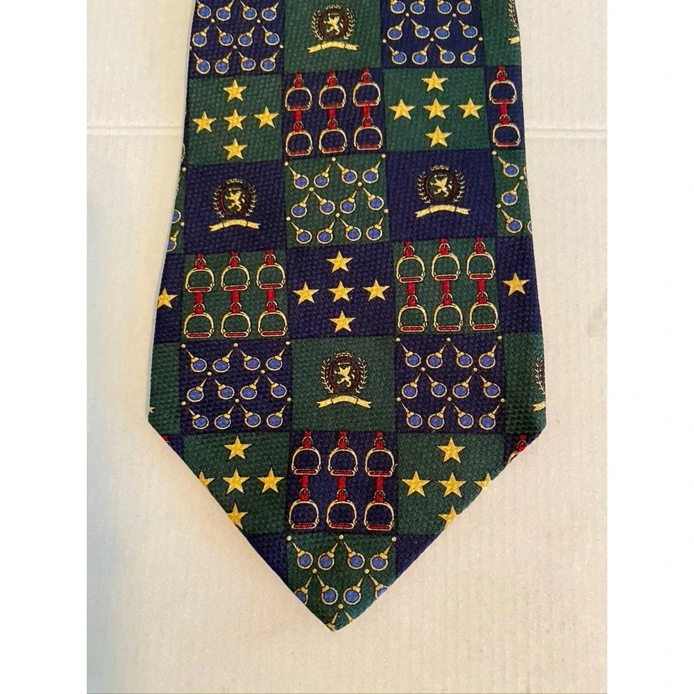 Tommy Hilfiger Mens Silk Tie Navy Green Equestrian Crest Stars Made in USA